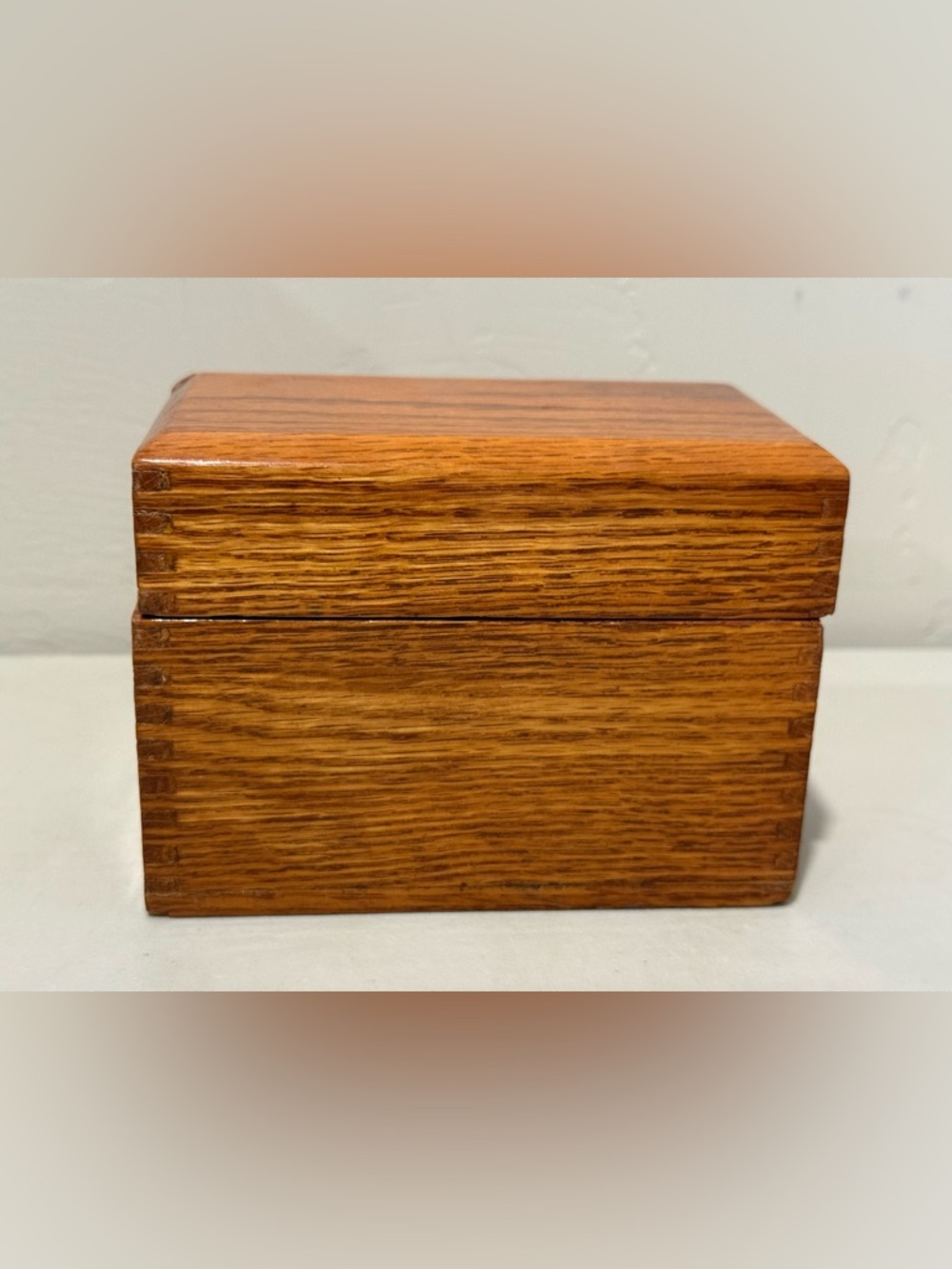 Vintage‎ Lacquered Oak Dovetailed Index Card File Box Recipe Wood Brass Hinges